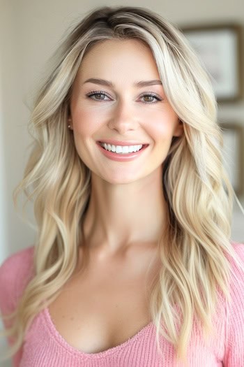 Pearl Blonde Wavy Blowout Hairstyle on smiling woman with long hair.