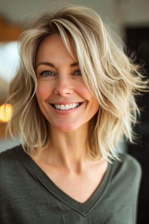 Piecey beachy waves on older woman.