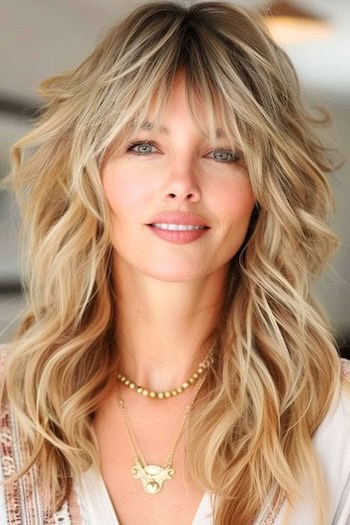 Piecey Blonde Shag Hairstyle on smiling woman with long blonde hair.