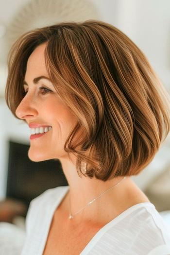 Piecey Highlighted Bob Hairstyle on a smiling woman with brown hair, side view.