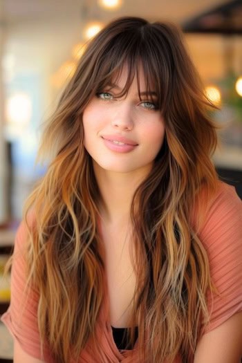 Piecey Highlighted Layers Long Hairstyle With Bangs.