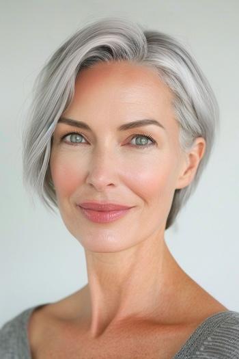 Pixie Bob Hairstyle on a smiling woman with silver gray hair.