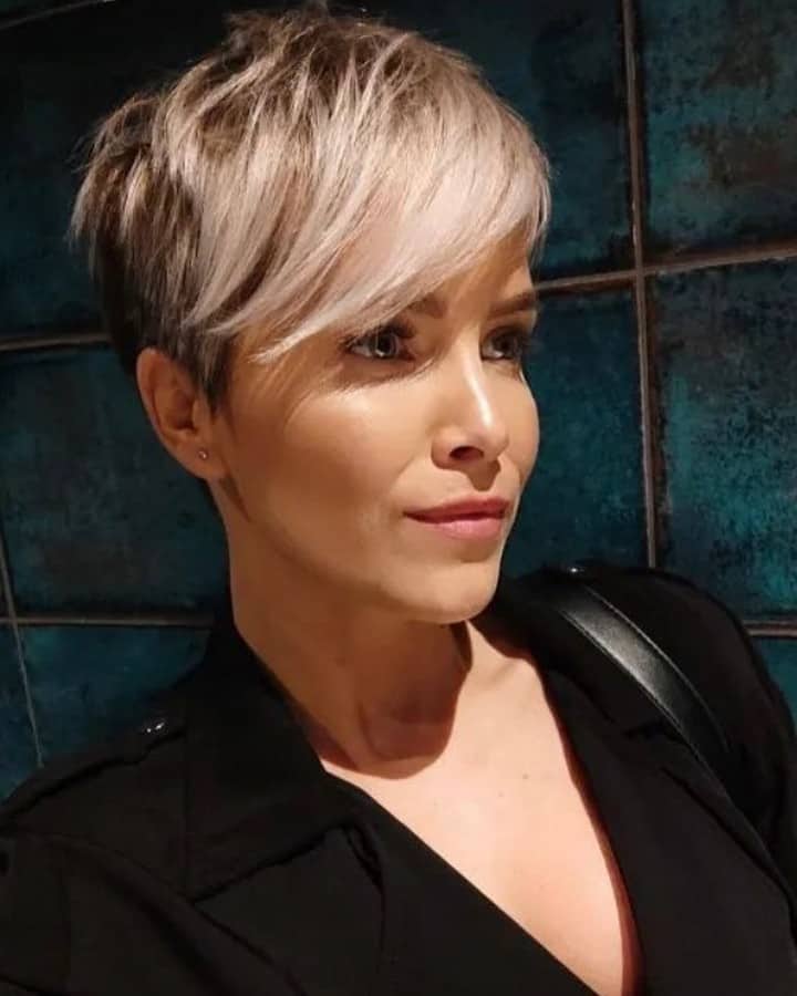 pixie cut with side-swept bangs