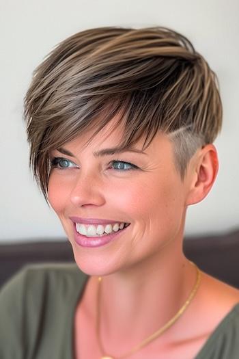 Pixie With Disconnected Undercut Hairstyle on a smiling woman with brown hair.