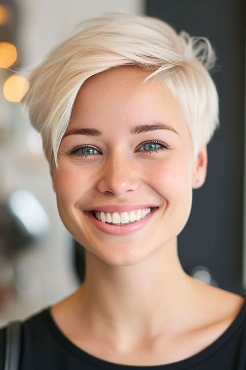 Platinum blond side swept pixie cut.