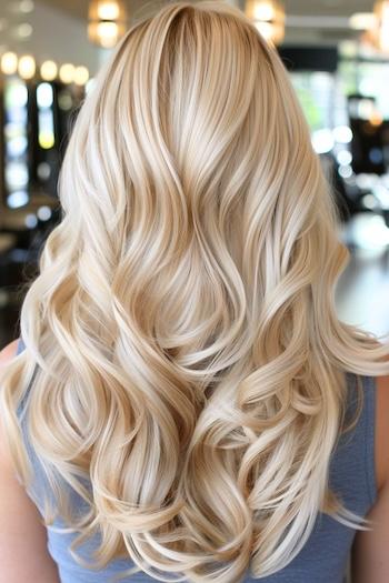 Platinum Blonde Layered Waves Hairstyle on a woman with blonde hair, back view in hair salon.