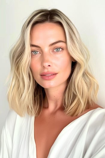 Platinum Blonde Lob Shoulder-Length Haircut.