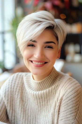 Platinum Blonde Pixie With Side-Swept Bangs Short Hairstyle.