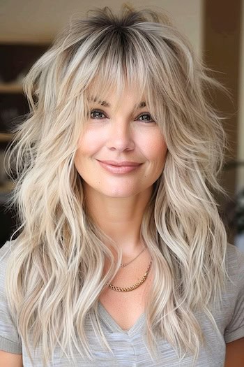 Platinum Blonde Shag With Wispy Layers Hairstyle on smiling woman with long blonde hair.