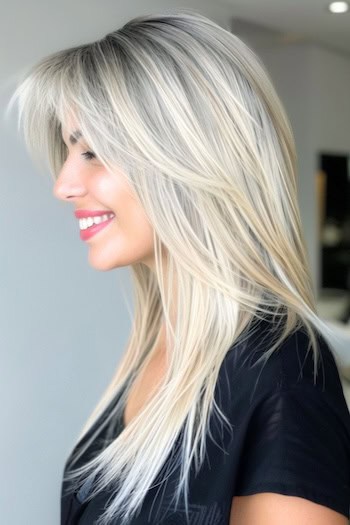 Platinum Layers with Dark Roots Long Layered Hair with Bangs.