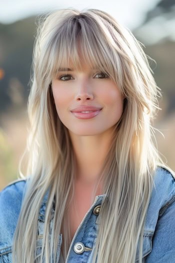 Platinum With Lowlights Straight Layered With Cut With Bangs Hairstyle on smiling woman with long hair.