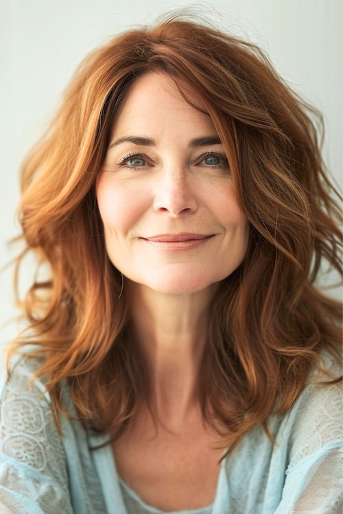 Playful waves on older woman with reddish brown hair.