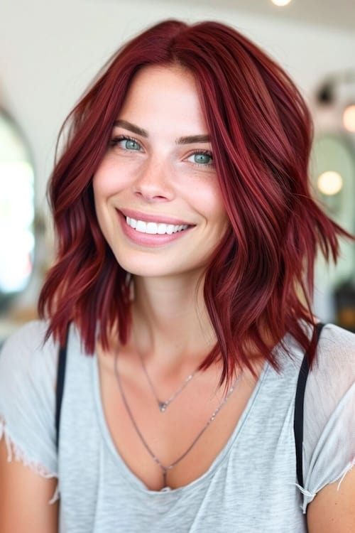 Rich burgundy red hair color and layered lob hairstyle on smiling woman.