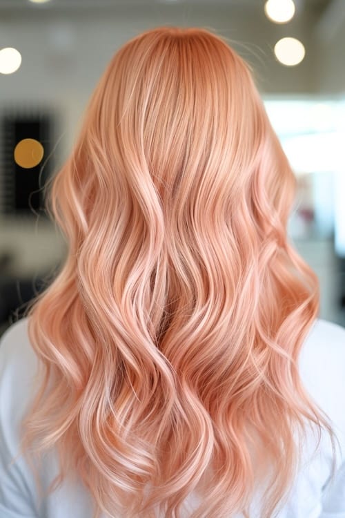 Rose gold waves on woman at hair salon, shot from back.