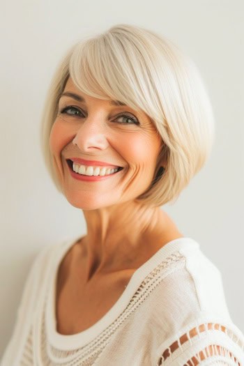 Rounded Bob With Bangs Hairstyle For Thin Hair.