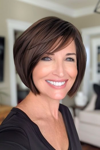 Rounded Bob With Bangs Hairstyle For Women Over 40.