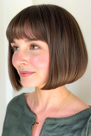 Rounded Chocolate Brown Bob with Bangs Hairstyle on woman with brown hair.