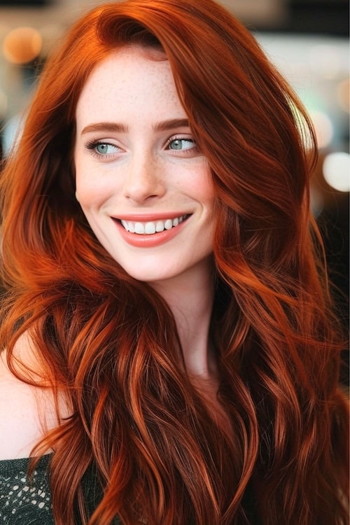 Russet red hair color on smiling woman looking away from the camera.