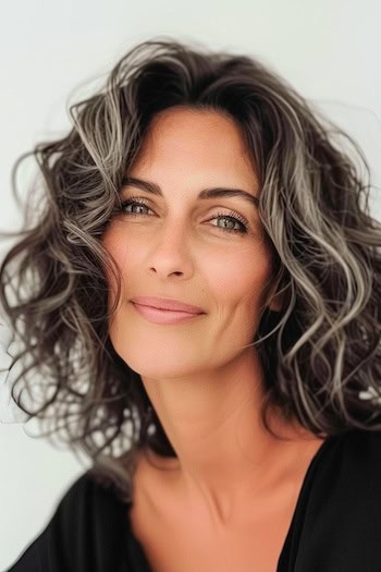 Salt and Pepper Curls Hairstyle on smiling woman with brown and gray hair.