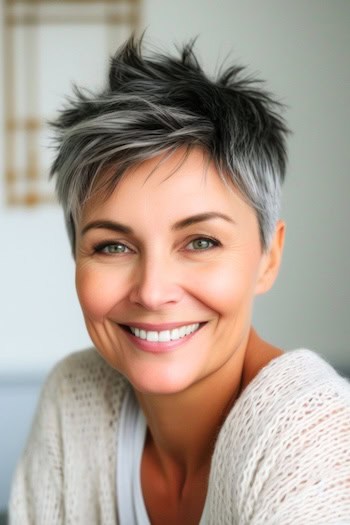 Salt and Pepper Spiky Pixie Hairstyle on smiling older woman.