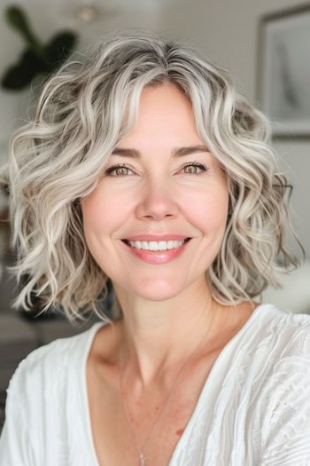 Salt And Pepper Wavy Bob Hairstyle For Women Over 40.