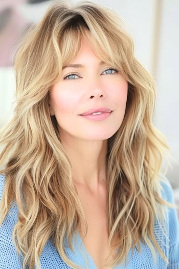 Sandy Blonde Shag With Soft Waves Hairstyle on woman with long blonde hair.