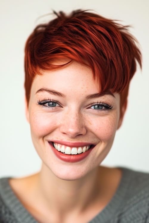 Saturated red hair color and smling woman with short straight pixie hairstyle.