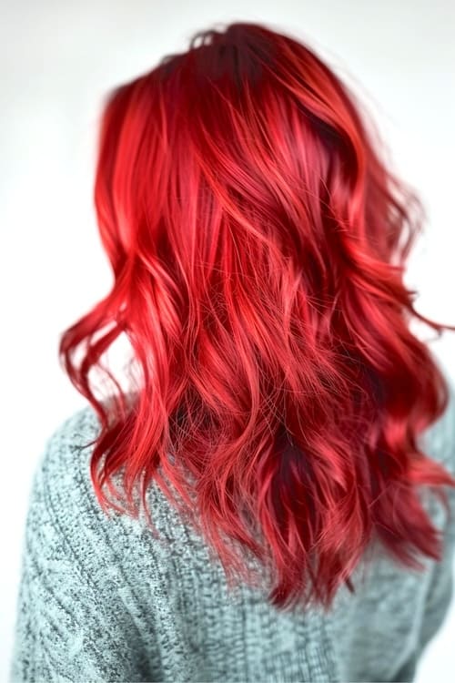 Scarlet red waves on long hair, shot from back.