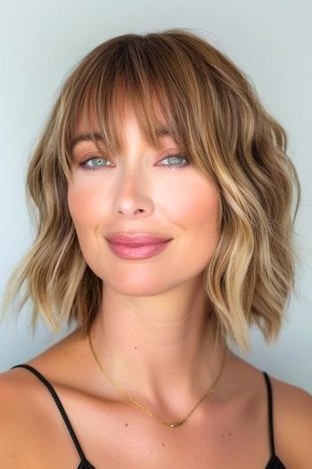 Shaggy Bob With Bangs Hairstyle on a smiling woman with brown hair and highlights.