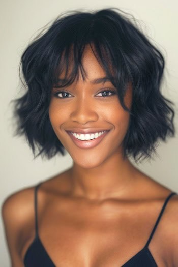 Shaggy Chin-Length Bob With Bangs Short Hairstyle.