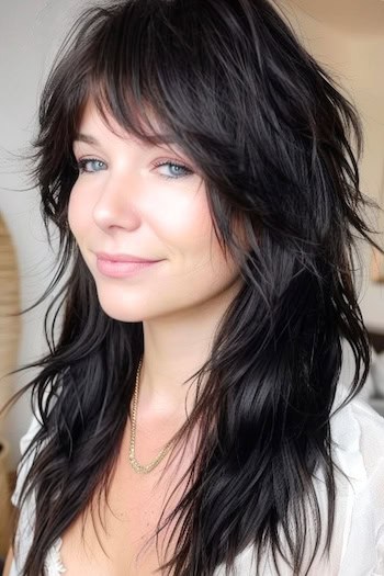 Shaggy Layers for Fine Hair Hairstyle on smiling woman with long dark brown hair.