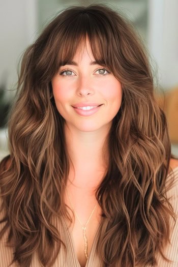 Shaggy Layers For Thick Hair Hairstyle on smiling woman with long brown hair.