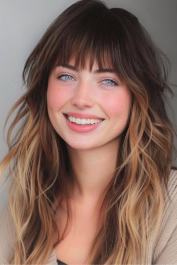 Shaggy Ombre Long Layers Hairstyle With Bangs.