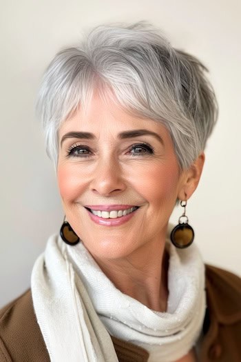 Shaggy Textured Pixie Hairstyle on smiling older woman with gray hair.