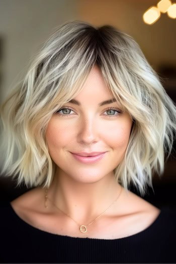 Shaggy Wavy Bob with Curtain Bangs Hairstyle.