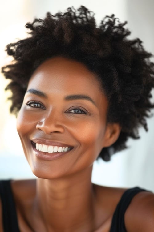 Short afro with defined curls on smiling older woman.