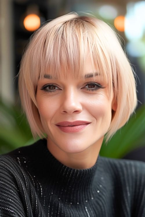 Short blunt cut with bangs on older woman wearing black.