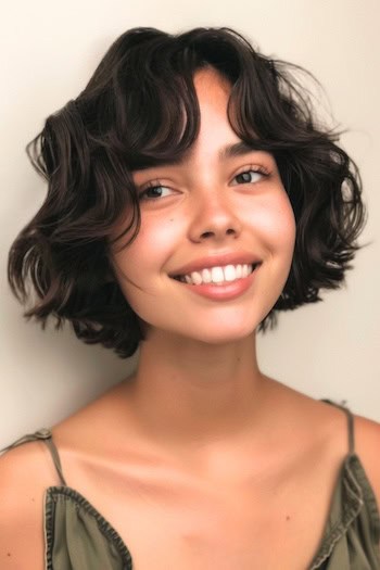 Short Choppy Waves with Curtain Bangs Short Hairstyle.