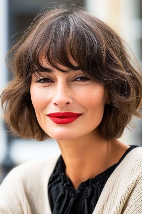 Short French bob haircut on beautiful older woman wearing red lipstick.