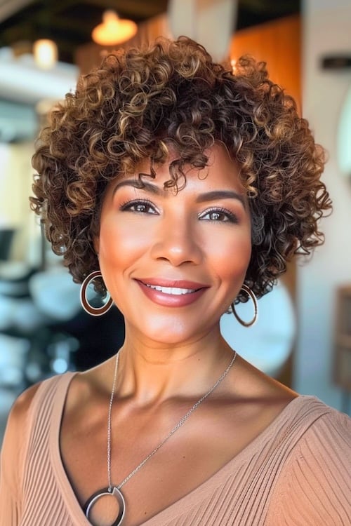 Short natural curls on beautiful smiling older black woman in hair salon.