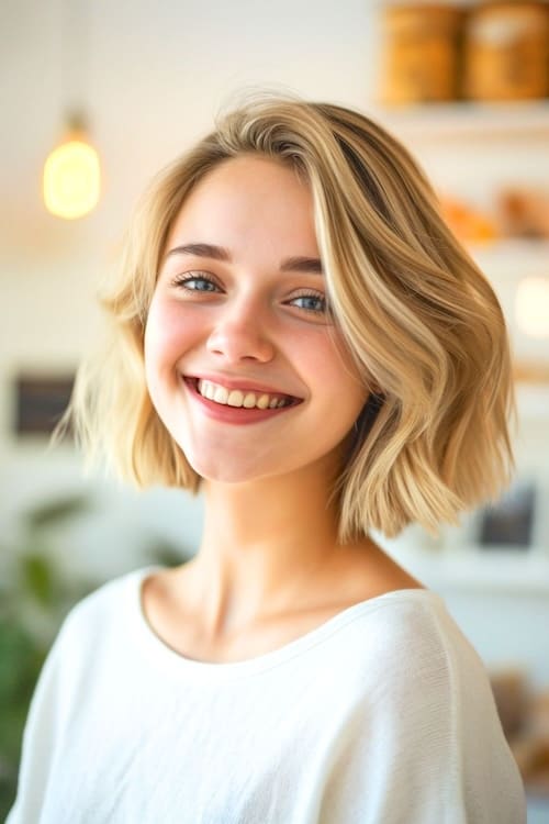 Short sandy blonde waves on smiling young woman.