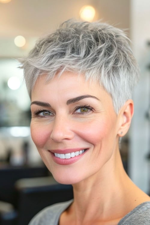 Short silver pixie cut.