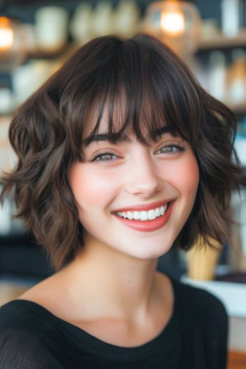 Short Wavy Layers with Bangs Hairstyle For Thick Hair.