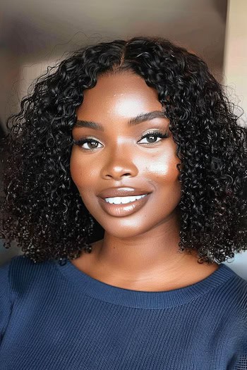 Shoulder-Length Coils Hairstyle on smiling woman with coily hair.