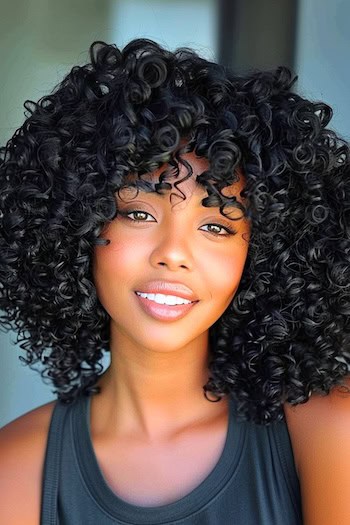 Shoulder-Length Curls with Bangs Hairstyle on smiling young woman with black hair.