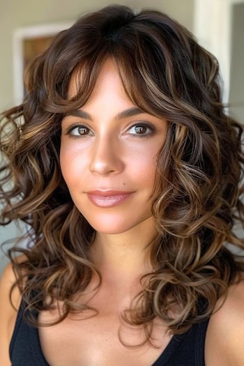 Shoulder-Length Curls with Curtain Bangs Hairstyle on softly smiling woman with brown hair.