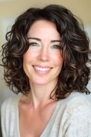 Shoulder Length Curly  Hairstyle on smiling woman with brown hair.