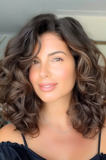 Shoulder-Length Curly Lob Hairstyle on smiling woman with brown hair.