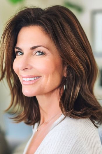 Shoulder-Length Layered Cut Hairstyle on a smiling woman with medium-length brown hair.