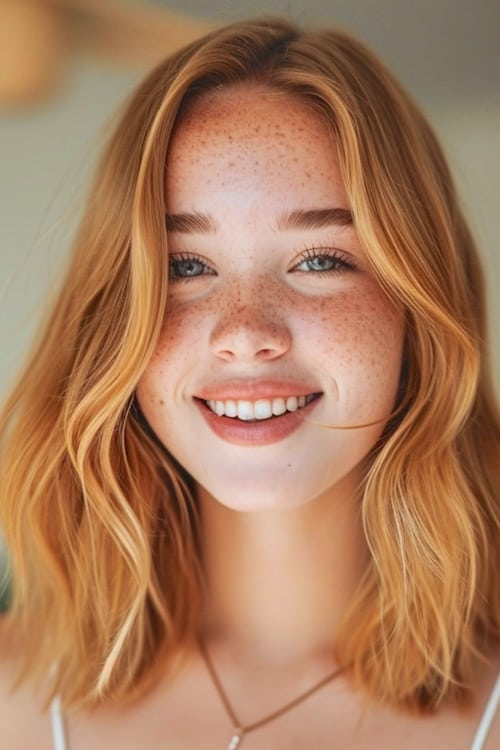 Shoulder-length strawberry blonde hair on softly smiling woman.